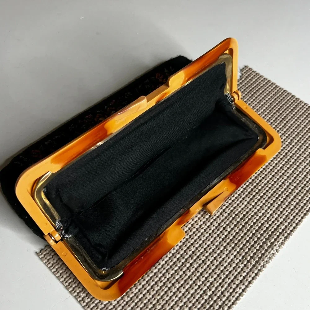 Vintage Floral Tapestry Clutch Bag Faux Tortoiseshell Lucite Frame Hong Kong